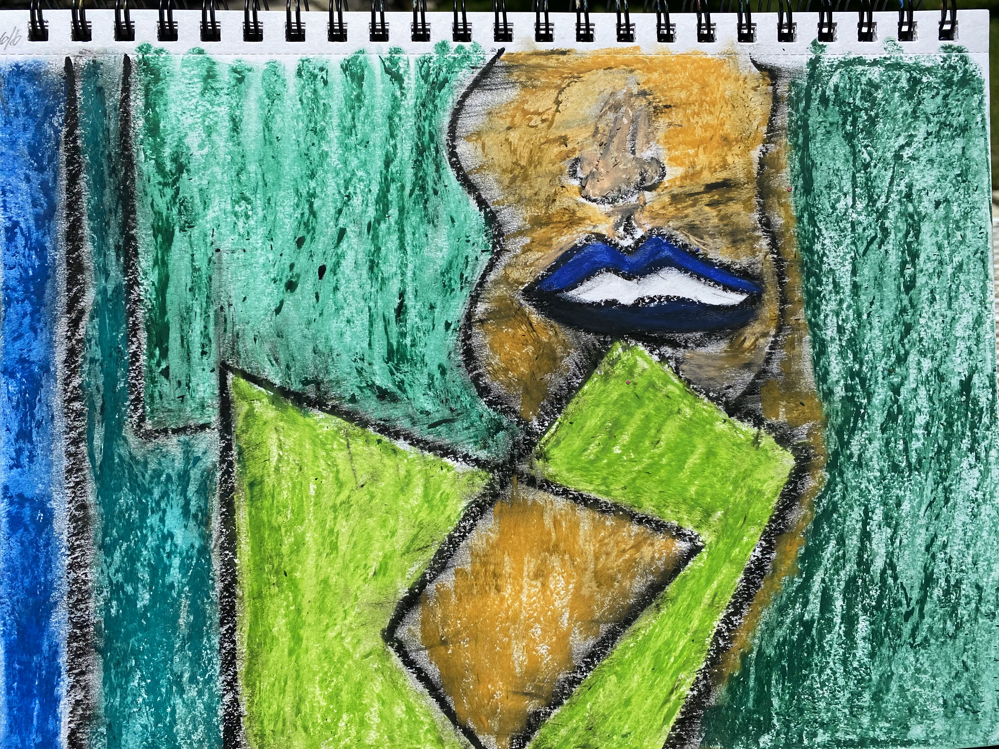 abstract sketch with shades of green, yellow, blue, nude, and copper made with oil pastels on a ucreate sketchbook.