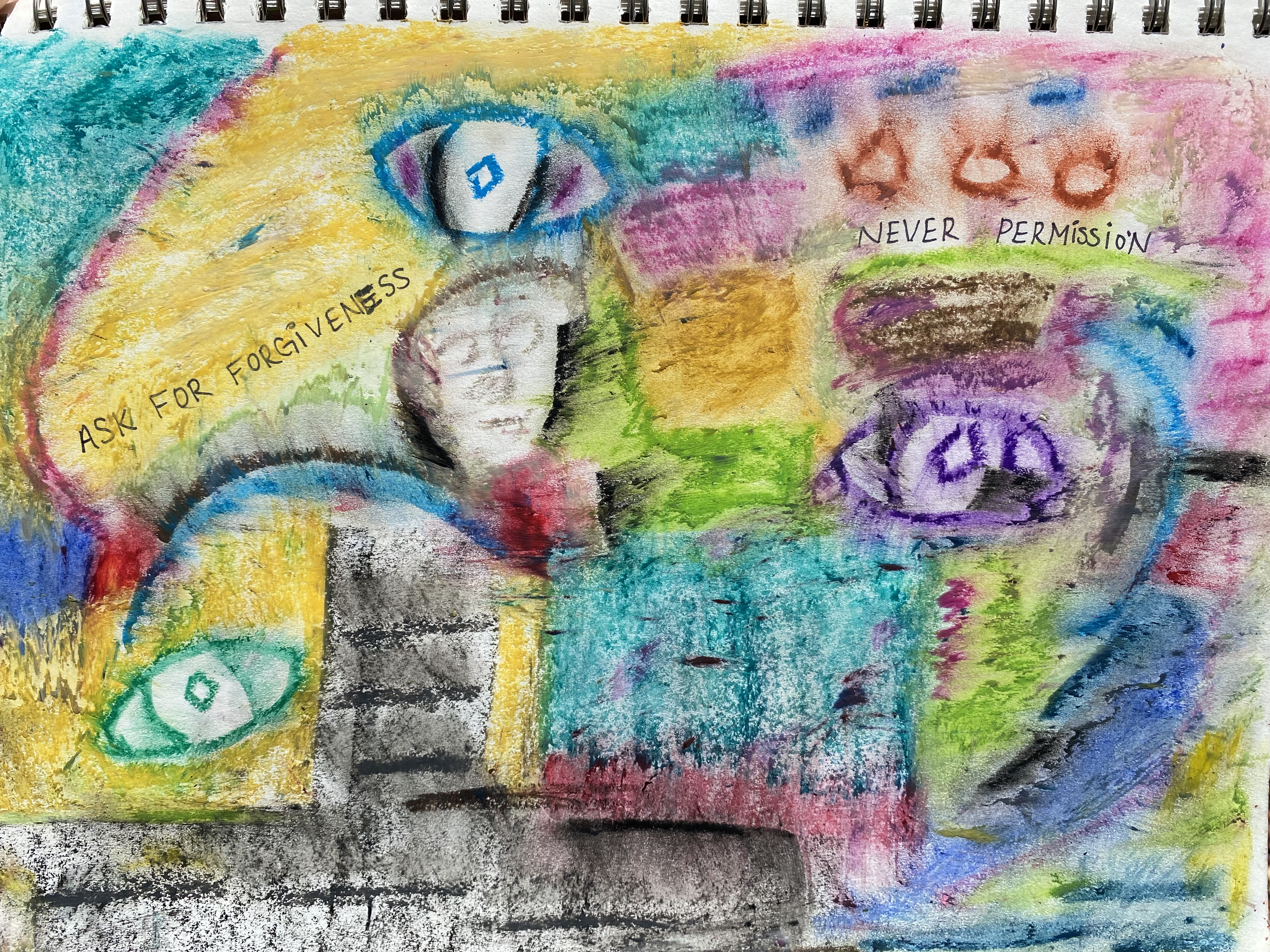 vibrant oil pastel with three eyes. text states: 'ask for forgiveness never permission.'