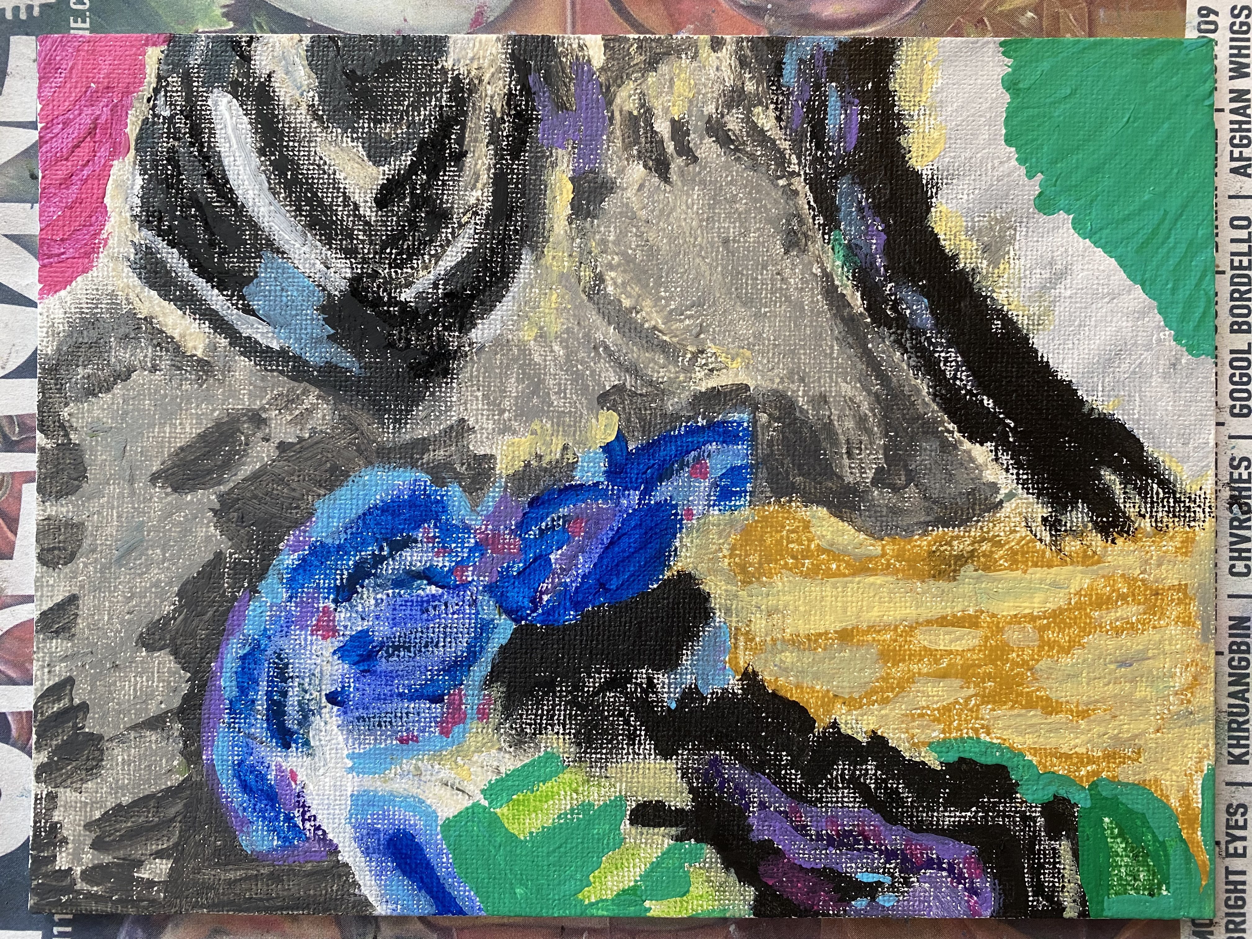 abstract painting made with vibrant oil pastels and acrylic paint on 6in x 8in canvas panel.