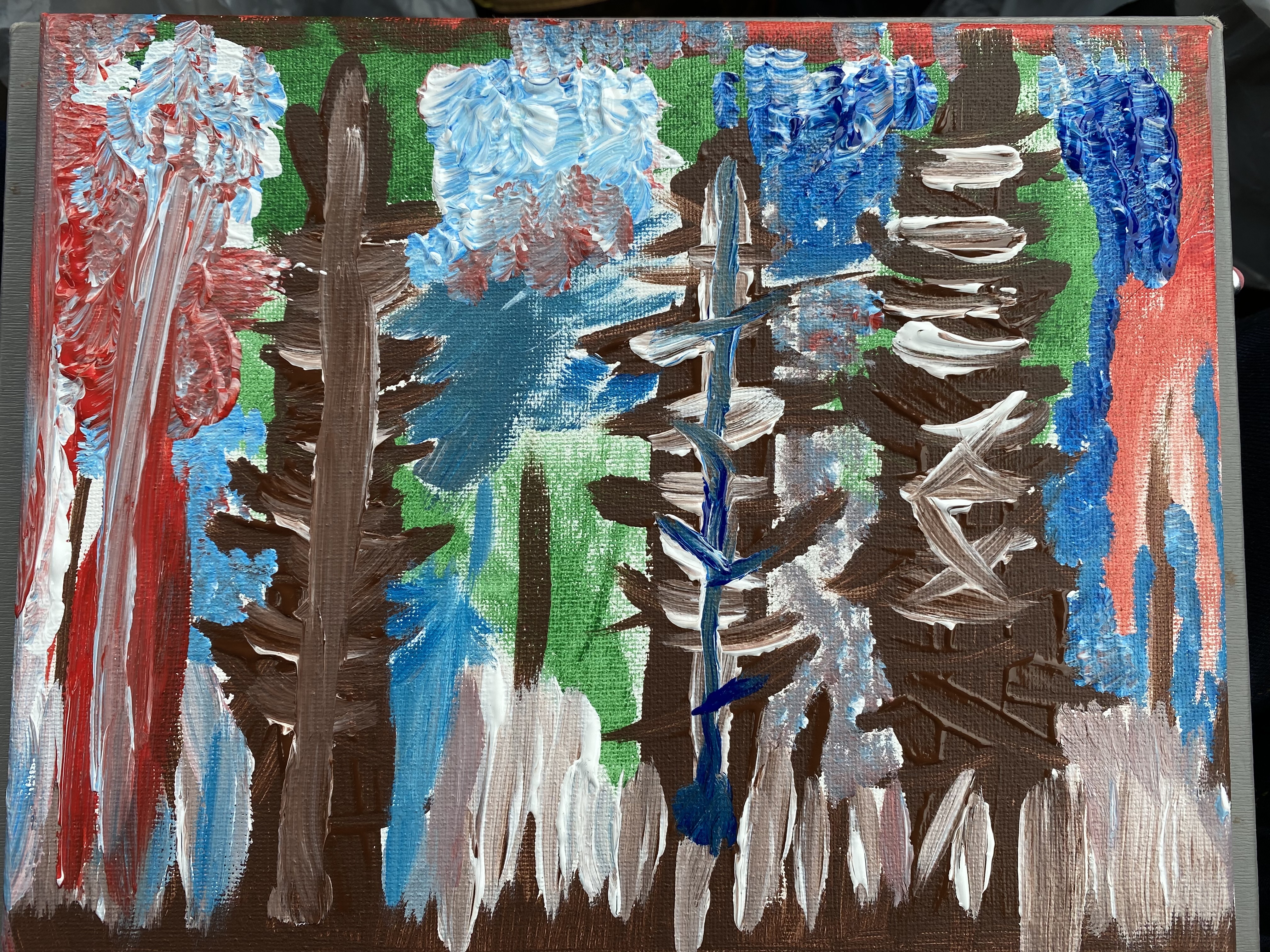 small painting made with acrylic paints, composition contains three trees. the painting has hues of green, brown, white, light blue, brilliant blue, and red. 