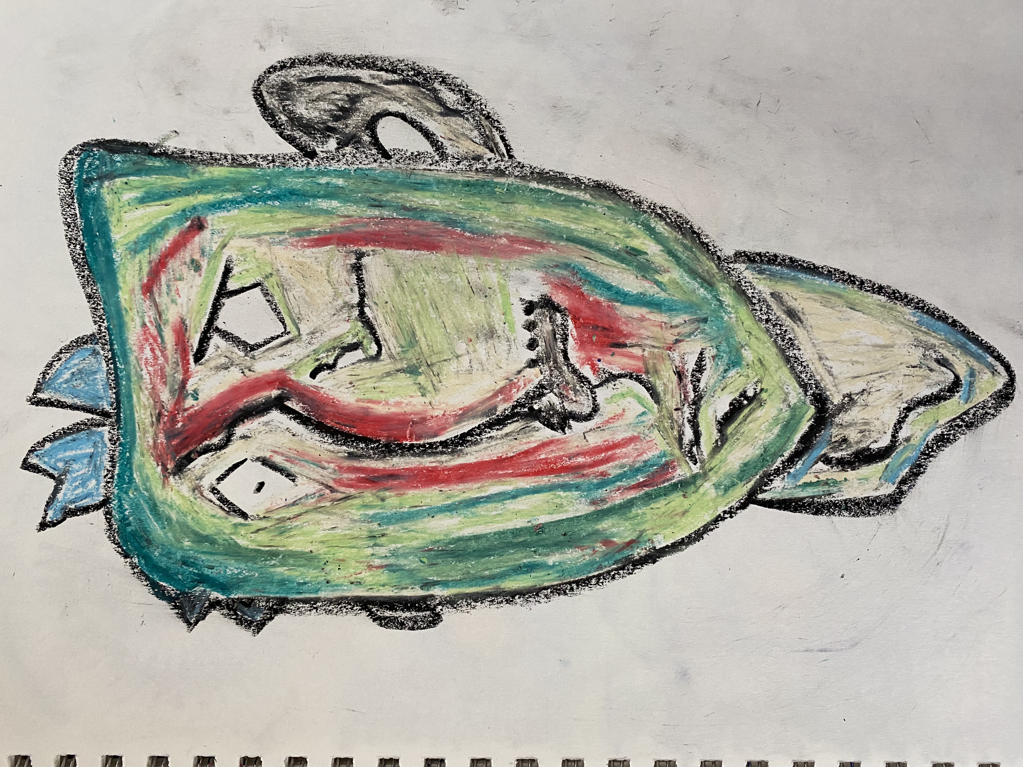 sketch of an odd man's face using oil pastels with sharp and curved lines. once jokingly referred to as watermelon man.