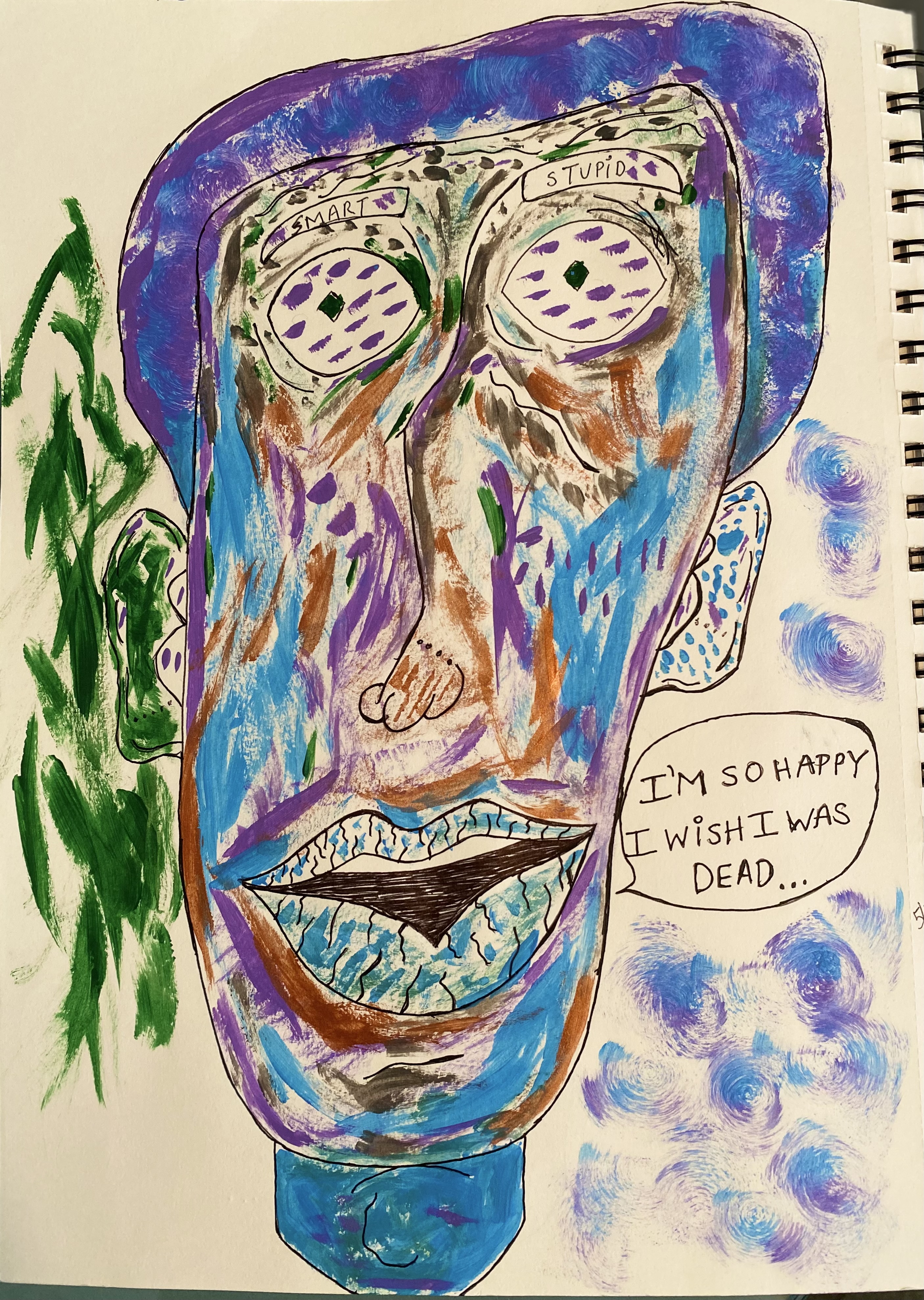 sketch of a man including the colors light violet, cerulean blue, deep green, silver, and copper with text that includes 'smart, stupid, and I'm so happy I wish I was dead. to the left of the face are thick, bold vertical lines of deep green. 