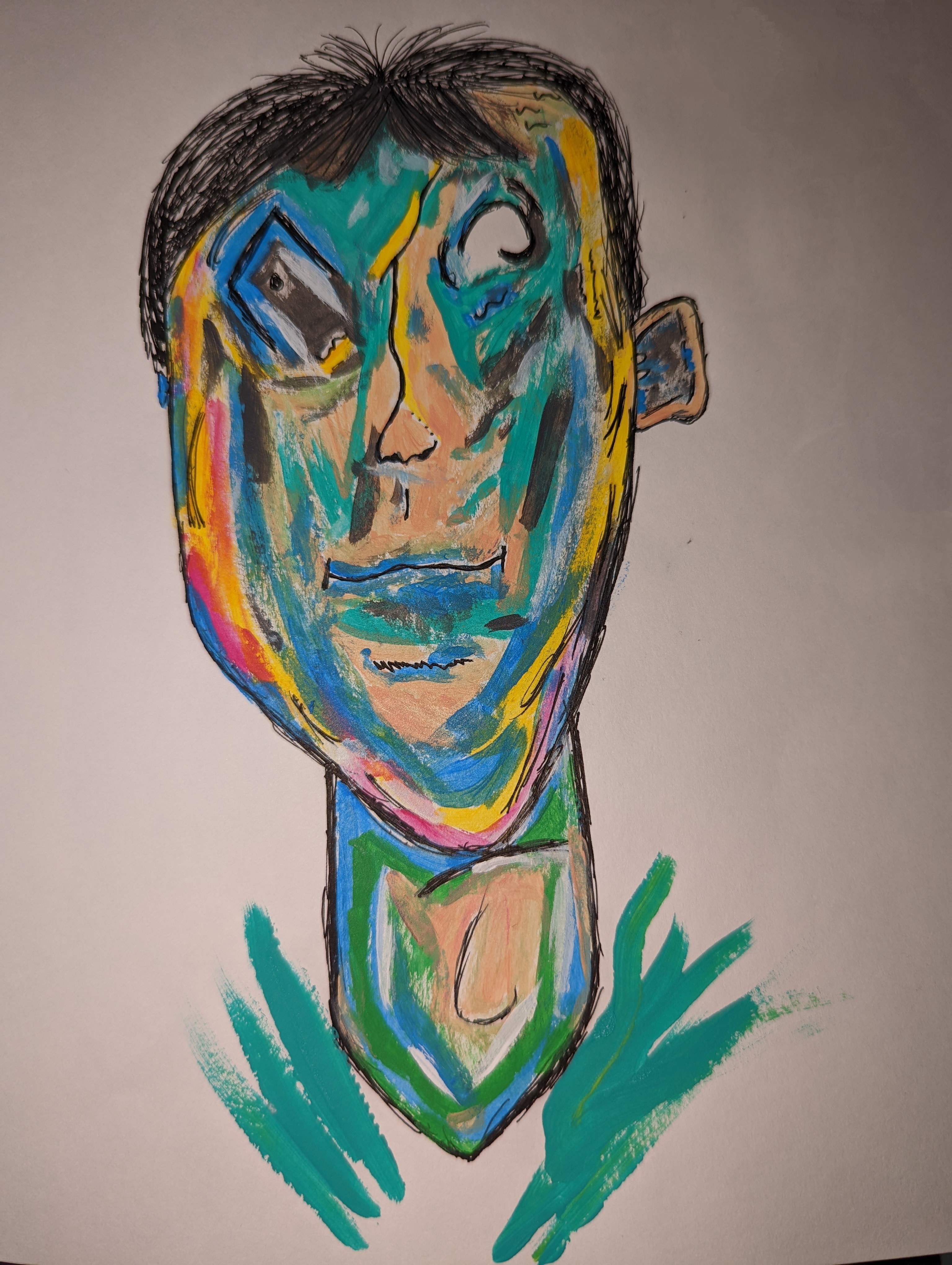  sketch of a man made with acrylic paint. yellow, green, nude, and pink colors.